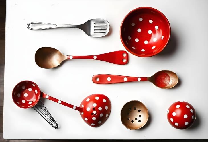 Charming Vintage Red Polka Dot Kitchen Utensils on White Table